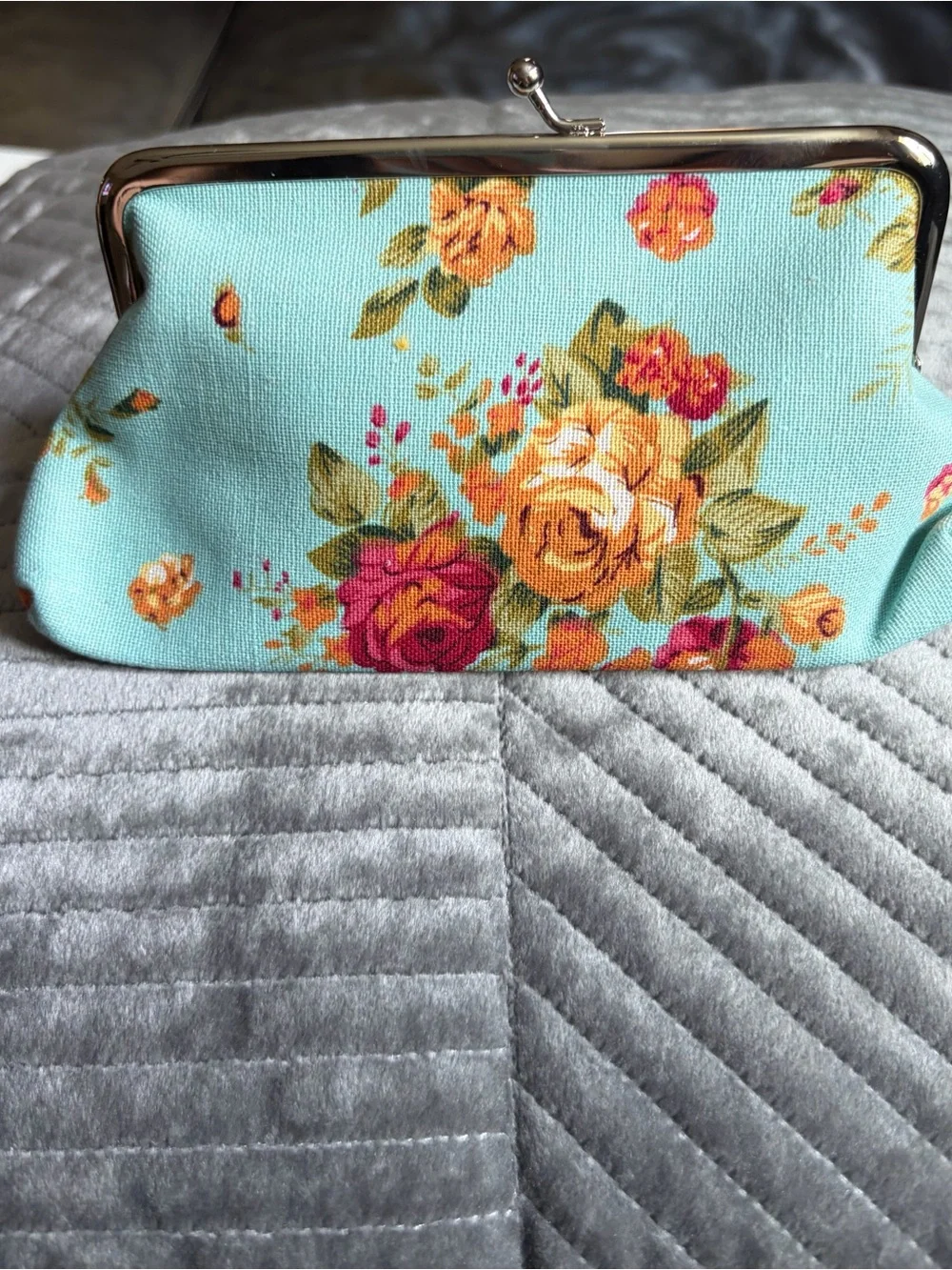 Floral Kiss-Lock Clutch Bag in Aqua